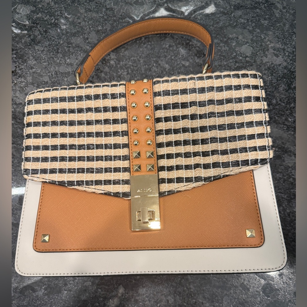 Aldo woven tan/black flap and White Women's Bag - studded strap - never used